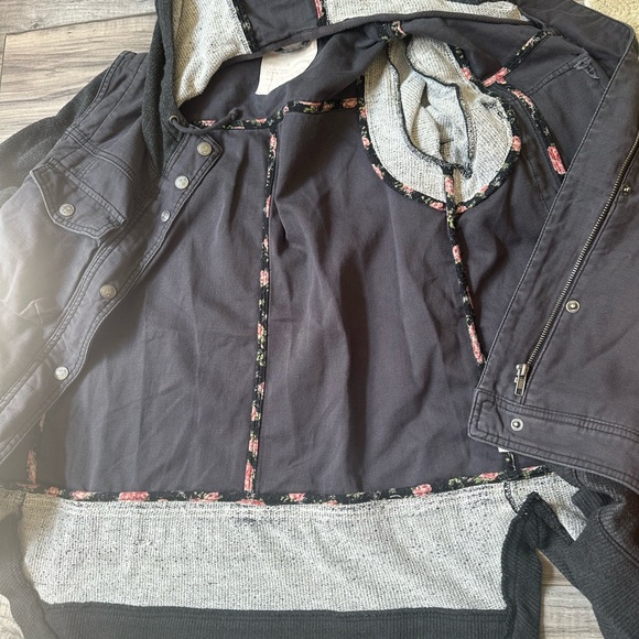 Free People Black Hooded Mixed Media Layered Slub Utility Jacket Size Small - Picture 9 of 11